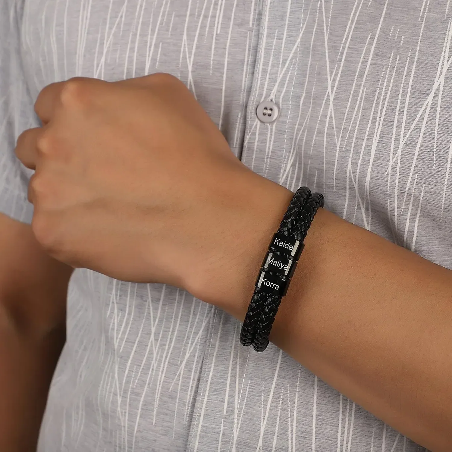 Engraved Leather Bead Bracelet - Image 2